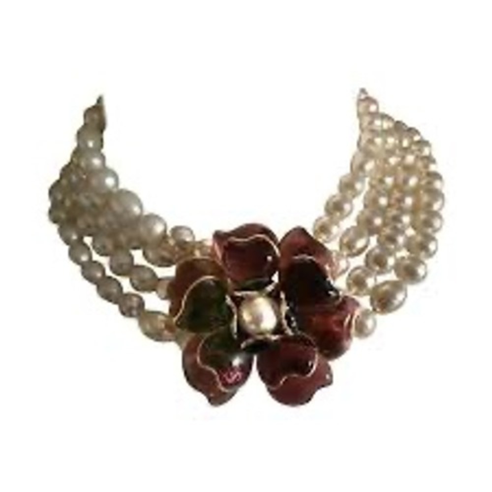 Chanel 05P Vintage Gripoix Camelia Glass Flower Four Strand Pearl Necklace